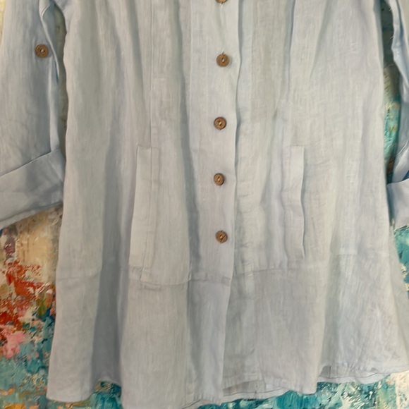 Soft Surroundings Linen Tunic Top Pockets Fitted Light Blue Lng Slv Sz XS - Picture 4 of 11